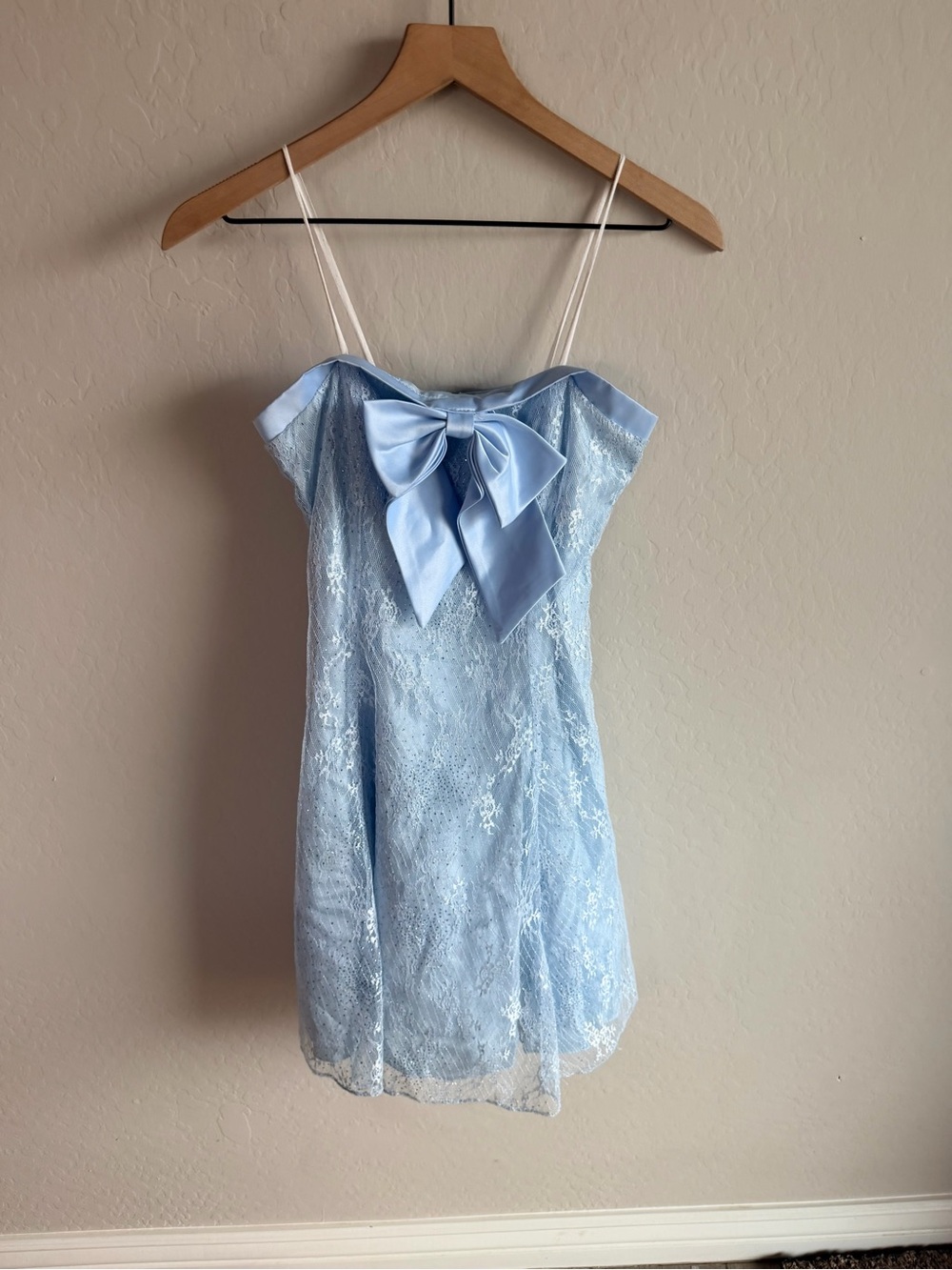 Vintage Baby Blue Lace Strapless Bow Mini Dress XS Y2K 90s Hoco Fairy Babydoll